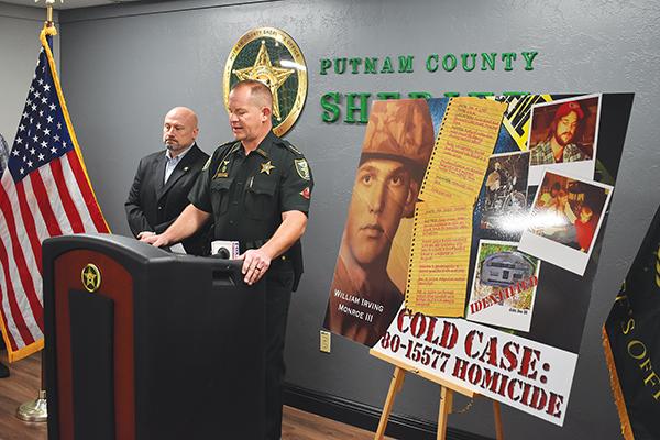 BRANDON D. OLIVER/Palatka Daily News – Sheriff Gator DeLoach, foreground, speaks during a press conference about a 43-year-old cold case while Putnam County Sheriff's Office Capt. Chris Stallings listens.