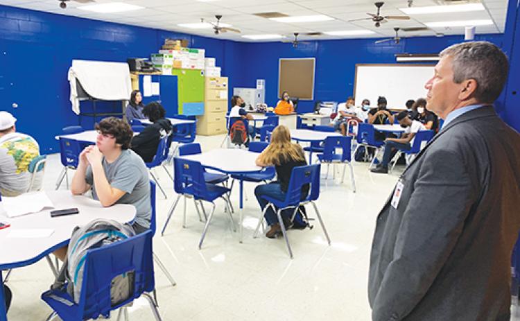 Superintendent Rick Surrency observes a class at Palatka Junior-Senior High School on the first day of the 2021-2022 academic year.
