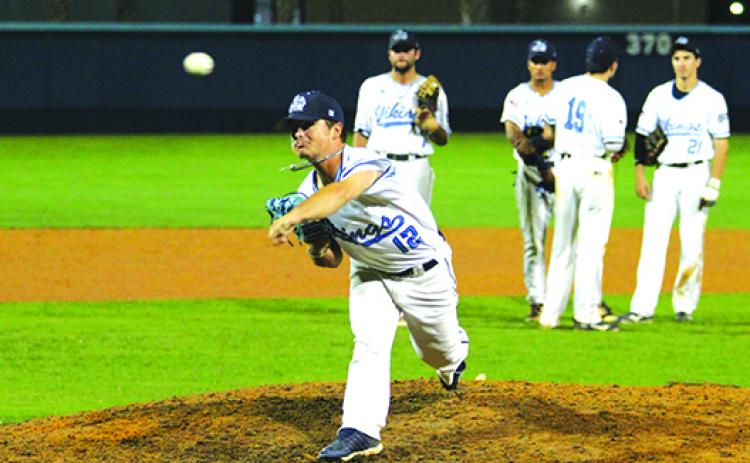 St. Johns River State College’s Layton DeLoach threw two-hit ball over an inning and a third in Monday night’s loss against Central Florida. (MARK BLUMENTHAL / Palatka Daily News)