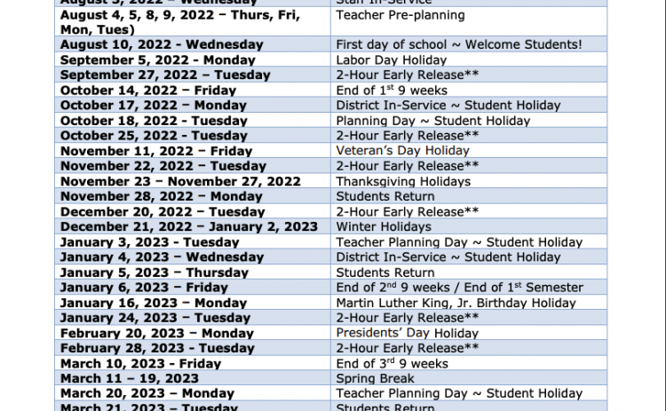 Putnam County School District's academic calendar 2022-2023