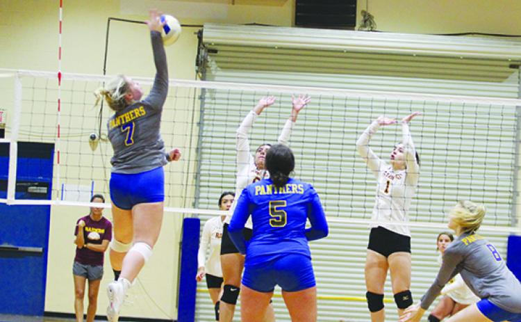 Chloe Barnette, shown going for a kill during the Putnam County tournament match against Crescent City on Sept. 3 at home, is one of the reasons the Panthers are having their best season in this century and are the top seed in the District 3-3A tournament starting Monday. (MARK BLUMENTHAL / Palatka Daily News)