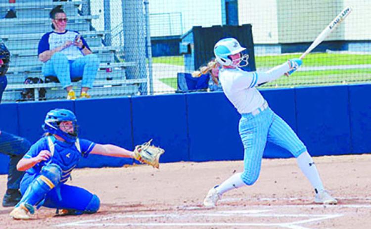Caylee Elder, seen here on March 1 against Florida State College-Jacksonville, won game one against Central Florida on Wednesday, then hit a home run in game two to finish out the sweep of the Patriots. (RITA FULLERTON / Special to the Daily News)