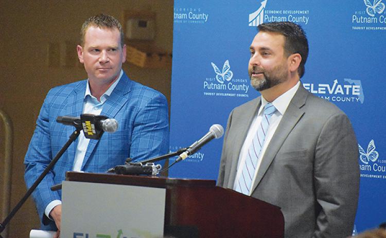 BRANDON D. OLIVER/Palatka Daily News – Benjie Bates, left, and Charlie Douglas take turns speaking Thursday at an event to launch Elevate Putnam, a five-year plan to bring jobs and an improved quality of life to Putnam County.